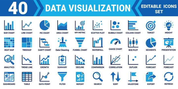 Data visualization icon set 40 editable vector illustrations mega pack for reports analytics