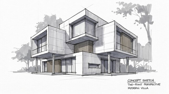 Modern villa concept sketch, two-point perspective architectural drawing, contemporary luxury house design illustration with trees