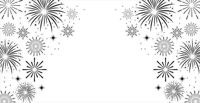 Minimalist black fireworks line art frames a white background. Modern festive border layout with central copy space for New Year or celebrations.