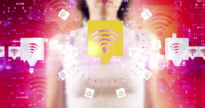 Woman touching digital interface showing high speed wireless bandwidth symbol. Technology Related 3D Symbol Animations.