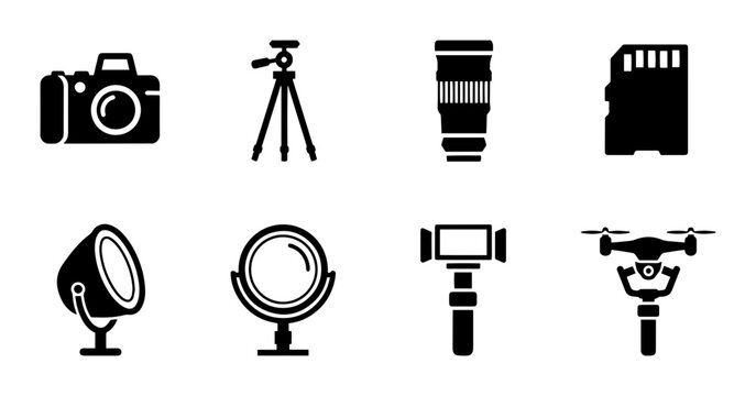 Photography Equipment Icons Set, Camera Gear Vector Graphics, Digital Imaging Tools Collection