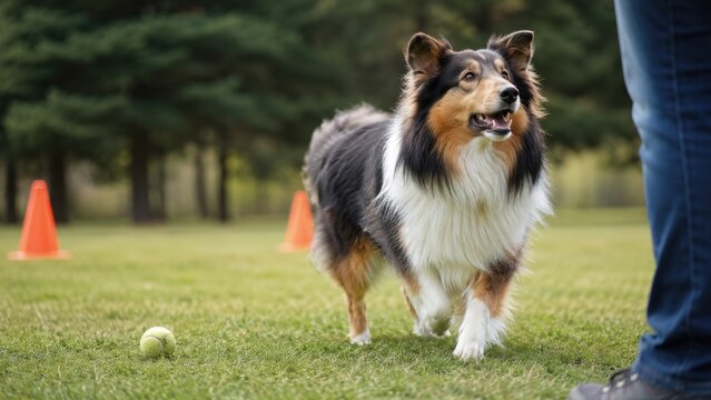 Tri-color rough collie walking on grass toward owner by tennis ball and orange training cones in a park setting