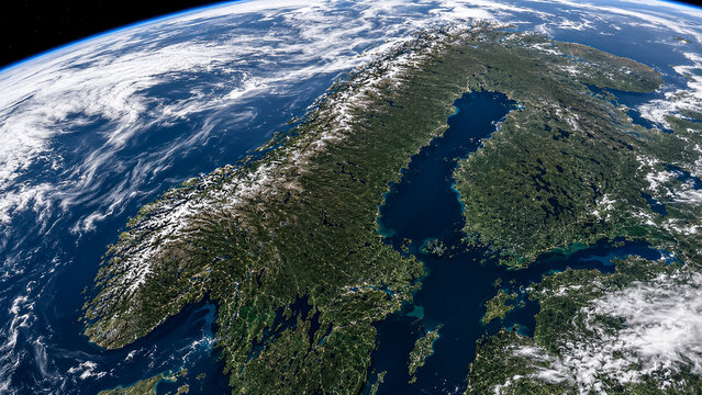 Ultra realistic satellite view of Sweden from space showing forests, lakes and natural Scandinavian landscapes, clean environment concept, authentic Earth observation scene