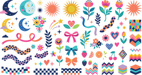 Naklejka premium A vibrant collection of hand drawn boho style elements including celestial moons suns floral patterns ribbons bows checkered borders and colorful abstract decorative graphic shapes