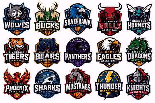 A collection of fifteen detailed animal mascot logos for various basketball teams, featuring wolves, bucks, eagles, hornets, tigers, bears, panthers, dragons, phoenix, sharks, mustangs, and knights.