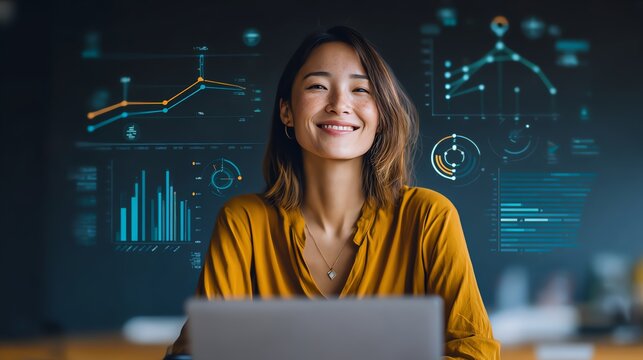 Data Analytics concept, Data Annotation, Data Analysis, Smile businessman use laptop analyzing data for competitor benchmarking and market positioning