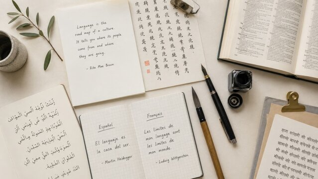 Flatlay of multilingual handwritten scripts, calligraphy tools, ink bottle, open dictionary, notebooks and a green sprig on a neutral tabletop