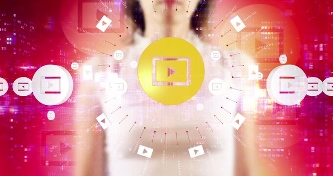 Female hand pressing interactive multimedia streaming movie hologram interface. Technology Related 3D Symbol Animations.