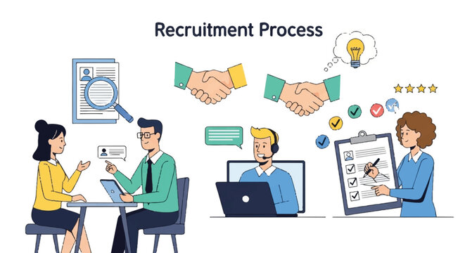 Illustration of a recruitment process with professionals collaborating and interviewing in a modern office environment.