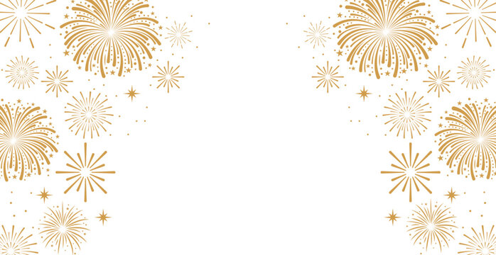Elegant gold fireworks and stars frame a clean white background. Luxury celebration banner with text copy space for festive holiday events.