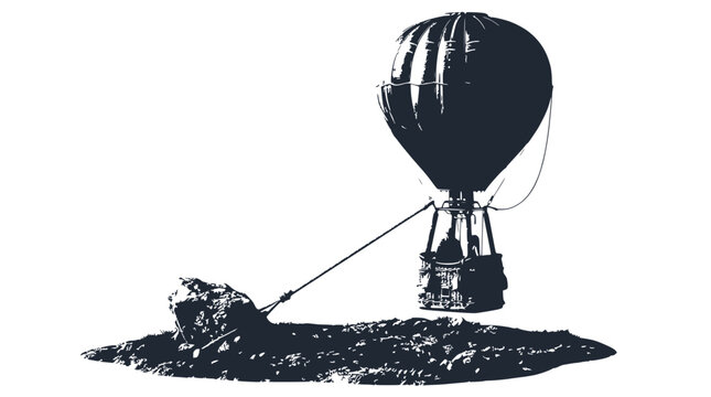 Vintage hot air balloon tethered to rocky ground, retro transportation concept