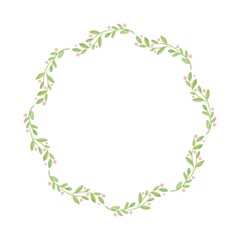 Fototapeta premium Watercolor green leaf wreath frame with pink berries, rustic botanical branch border for wedding