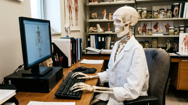 Human skeleton wearing white lab coat typing on computer in classroom. Medical student studying anatomy with digital software. Concept of science education, biology research and health study.