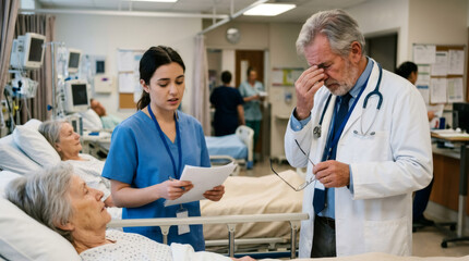 Fototapeta premium Tired doctor having a headache while talking with a nurse in a hospital ward. Stressed physician feeling exhausted during patient care. Medical professional burnout and healthcare crisis.