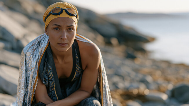 Open water swimmer emerging from a cold fjord onto a rocky beach after completing a long solo challenge swim, wetsuit half-peeled to the waist, hands on knees, breath heaving,