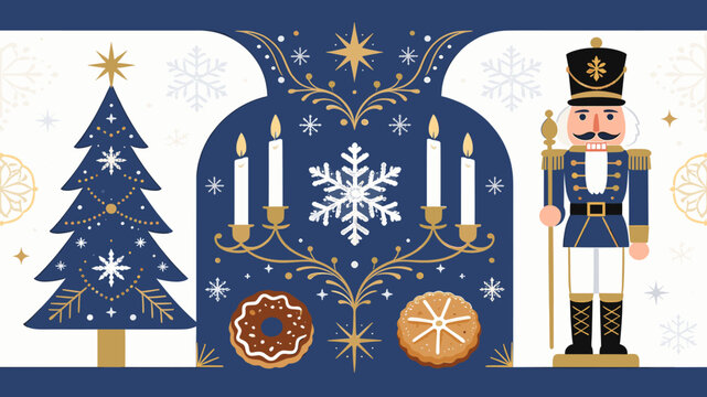 A festive blue and gold Christmas illustration featuring a decorated tree, nutcracker soldier, candles, snowflakes, and holiday cookies.
