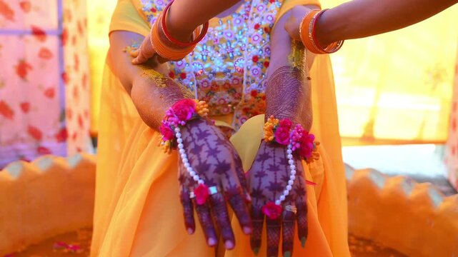 Close-up footage of a traditional Indian Haldi ceremony where family members and friends apply turmeric paste to the bride before marriage. The pre-wedding ritual symbolizes purification, blessings.