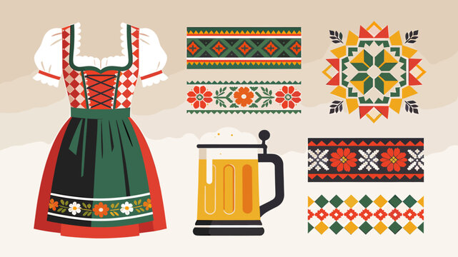 Traditional Bavarian Dirndl dress, beer stein, and decorative folk art patterns, celebrating Oktoberfest and German culture.