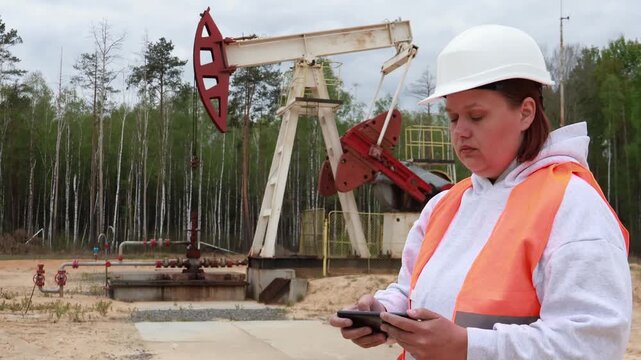 A female engineer, wearing a hard hat and safety vest, operates a tablet at an active oil well site. A large pumpjack and extensive piping are visible amidst a forest