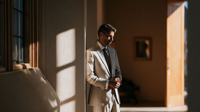Groom standing alone in a church vestibule in harsh midday sunlight streaming through a high window, adjusting his tie in a small mirror on the wall, a moment of solitary