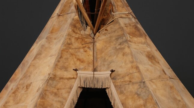 Tipi entrance view. Traditional native american tent made of hide or canvas stretched over wooden poles. Rustic cone shaped dwelling with fringed entryway, showing aged texture.