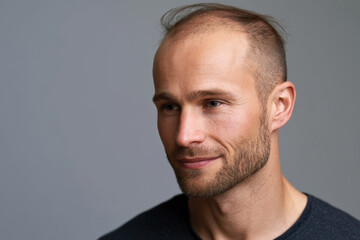 Fototapeta premium A clean and stylish portrait of a young man with a fresh hairstyle and beard, exuding confidence and elegance in a simple yet captivating manner.