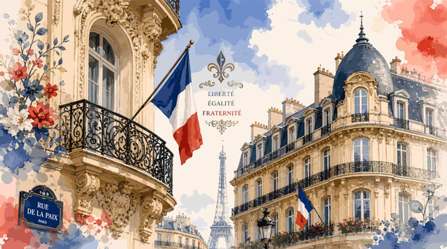 A vibrant watercolor depiction of Parisian architecture adorned with French flags and floral accents, with the Eiffel Tower visible in the distance.