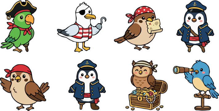 Cute cartoon pirate and sailor birds character collection featuring parrot seagull sparrow penguin and owl with treasure chest map spyglass and hats for children designs