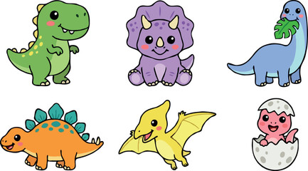 Cute cartoon baby dinosaur character collection featuring tyrannosaurus rex triceratops brachiosaurus stegosaurus pterodactyl and hatching egg for children illustration design © MstRowshanAra
