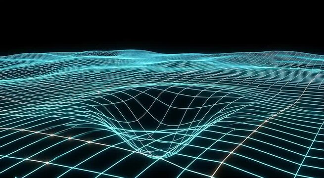 Glowing Cyan Topographic Grid Plane Gravity Well Black Background Cinematic