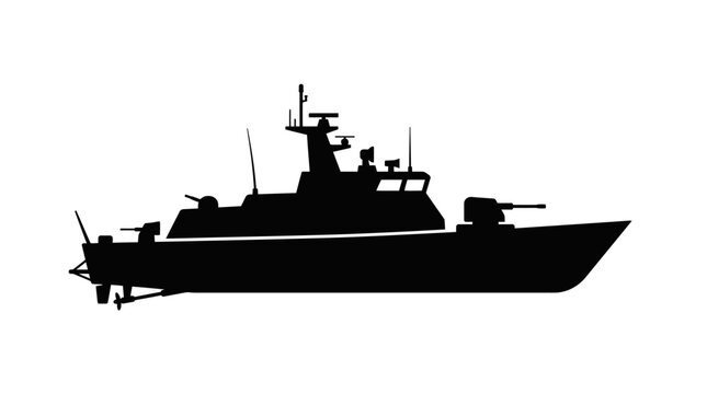 Silhouette of a modern military patrol boat with cannons.