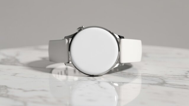 Elegant round smartwatch mockup with blank white screen on a polished white marble surface under bright natural studio lighting, perfect for tech UI UX app design presentation.