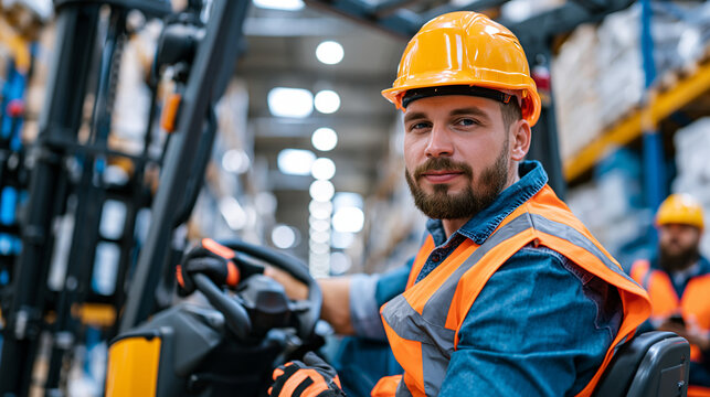 Warehouse forklift operator lifting heavy steel racking components inside large distribution center, safety spotter observing from ground level as overhead industrial lighting illuminates stacked in