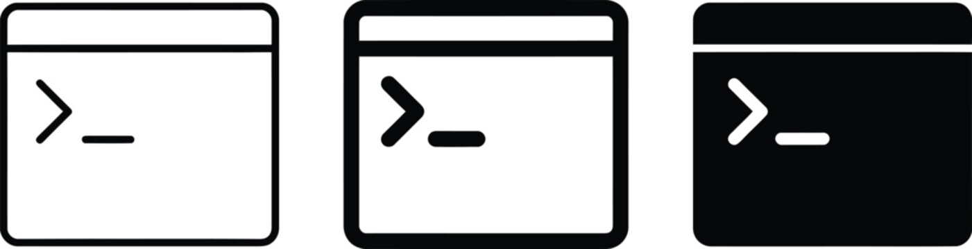 Command prompt icon set with rounded rectangle frames black and white line style variations