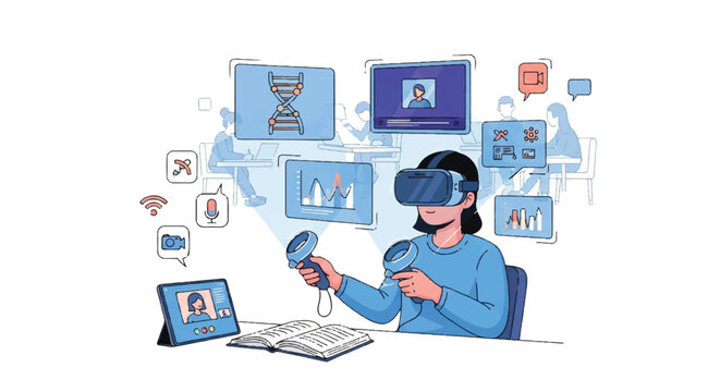 A digital illustration of a person wearing a VR headset, using a laptop beside multiple screens and devices in a futuristic tech scene.