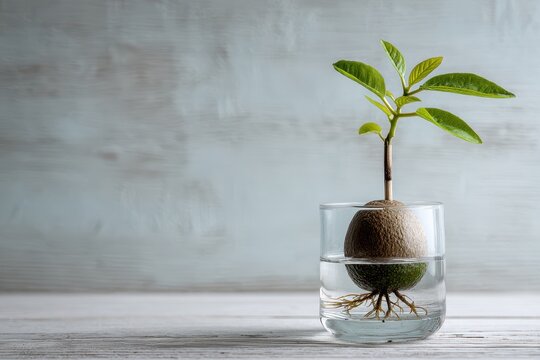 Avocado Pit Sprouting in Water with Roots and Green Leaves, Against a Light Textured Background.