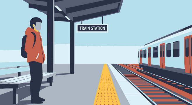 Person waiting on train platform with commuter train vector illustration