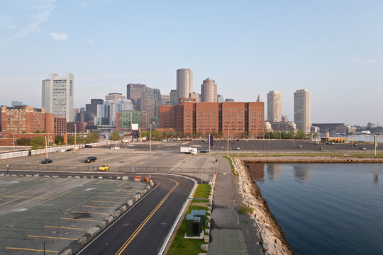 Federal courthouse with financial district on a harbor