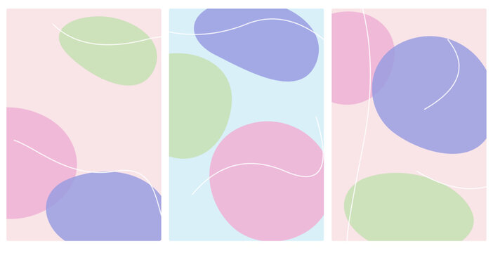 Set of three abstract posters with organic shapes and flowing lines in pastel colors, modern minimalist wall art design