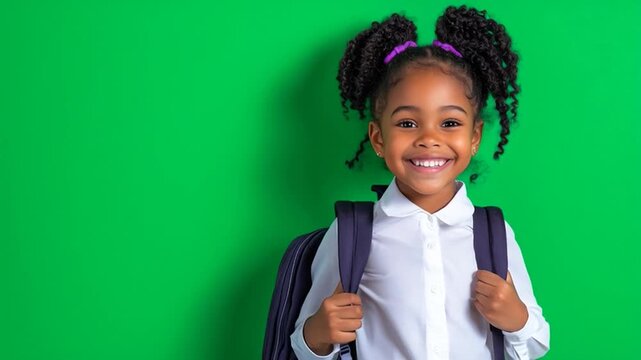 A beautiful black girl is ready for the start of school, standing against a flat green background, wearing a white shirt and a backpack.