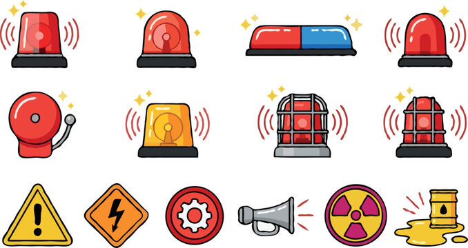 Emergency siren and warning light icon collection featuring police flasher ambulance strobe fire alarm bell loudspeaker and industrial caution sign vectors