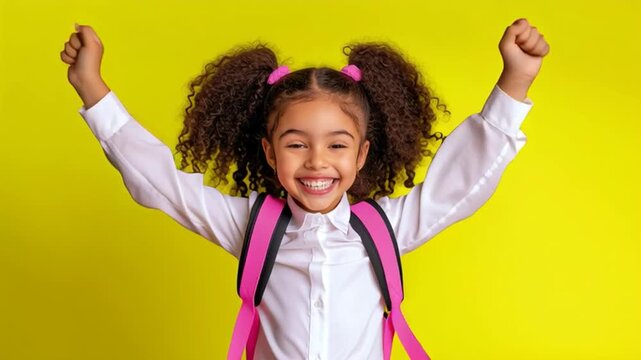  A beautiful black girl is ready for the start of school, standing against a flat yellow background, wearing a white shirt and a backpack.