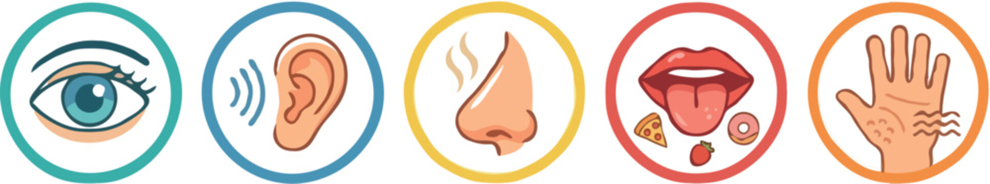 Five human senses circular icon collection featuring sight eye hearing ear smell nose taste mouth tongue and touch hand for educational anatomy designs