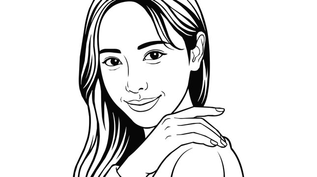 Beauty - Beautiful woman in a minimalist line art illustration with a gentle smile and portrait pose, touching her shoulder for skin care concept