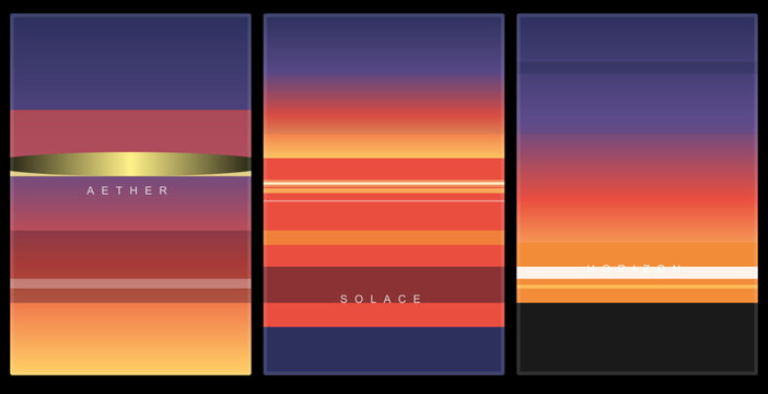 Abstract minimalist landscape art triptych with vibrant gradient color bands, modern digital art prints, ethereal sunset themes