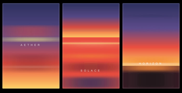 Abstract minimalist gradient art triptych featuring vibrant sunset color palettes with aether, solace, and horizon text overlays