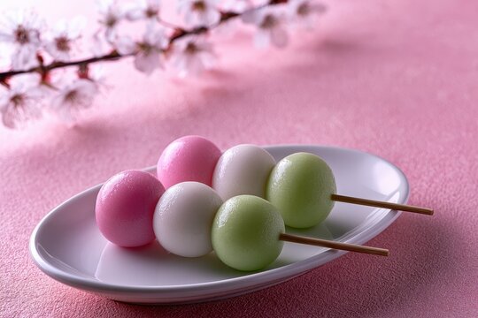Traditional Japanese tricolor Hanami dango on a white plate with cherry blossoms in the background