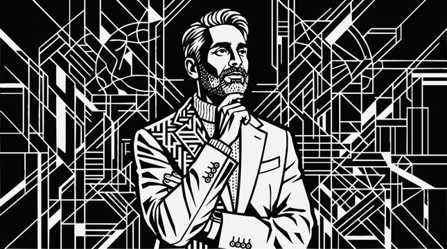 A sophisticated Art Deco man in a stylish suit, deeply thinking amidst a dynamic geometric background, rendered in a striking black and white vector