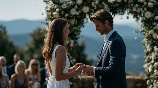 Couple exchanging rings during an outdoor ceremony arch moment, their backs to the camera facing the floral structure and the hillside view beyond, guests visible in the