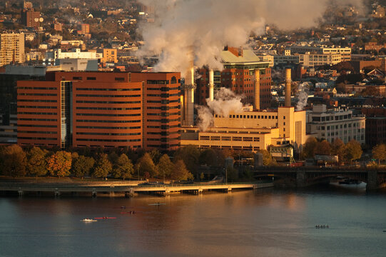High angle view of a power plant at the riverside, Cambridge